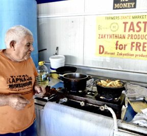 Giorgos Gasparis - Frying pan shop in the People's Market of Zakynthos - Farmers Zante Market - Greek Gastronomy Guide